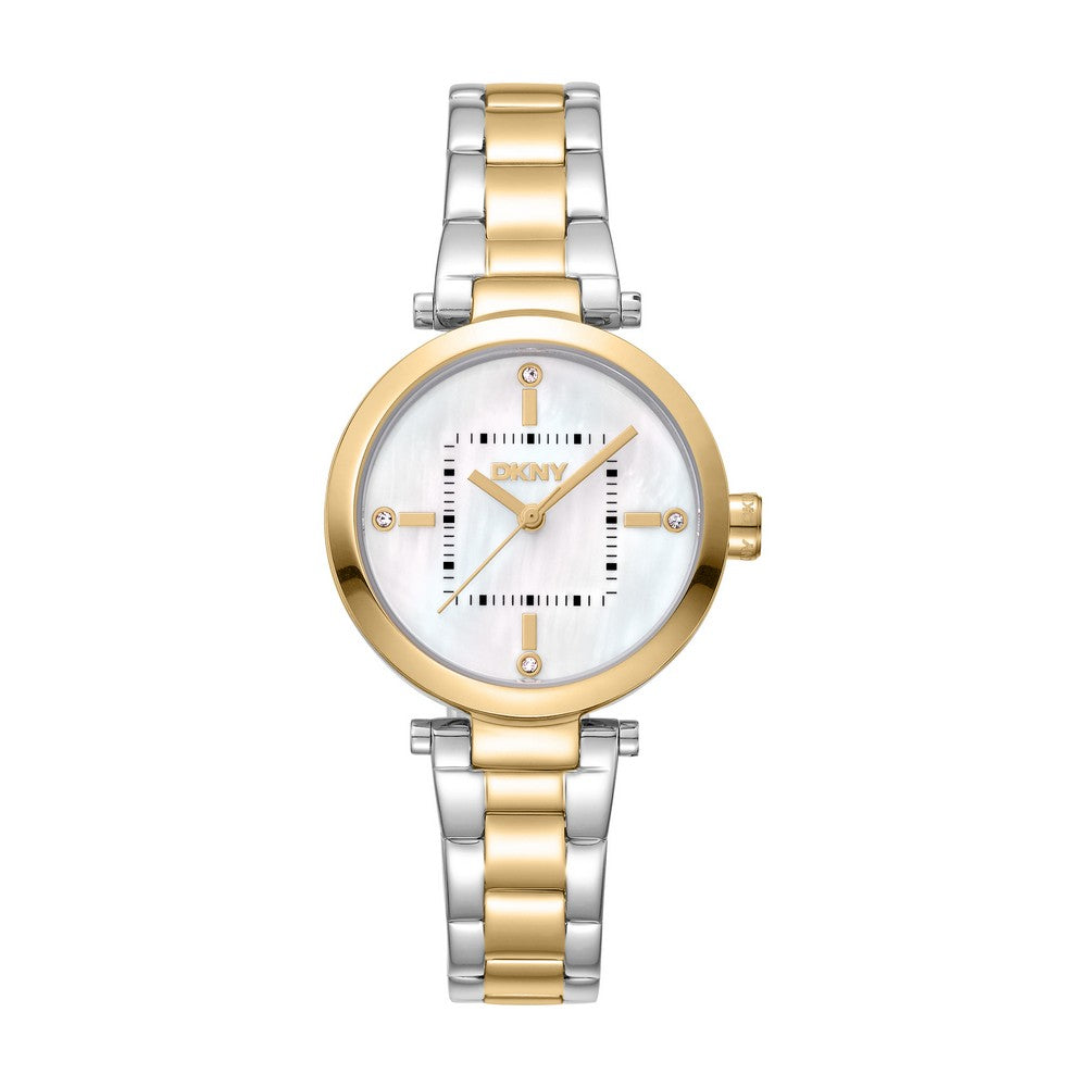 Montre DKNY femme, boîtier bicolore argent et or, cadran en nacre blanche, bracelet en métal bicolore argent et or, 3 aiguilles, 5 ATM