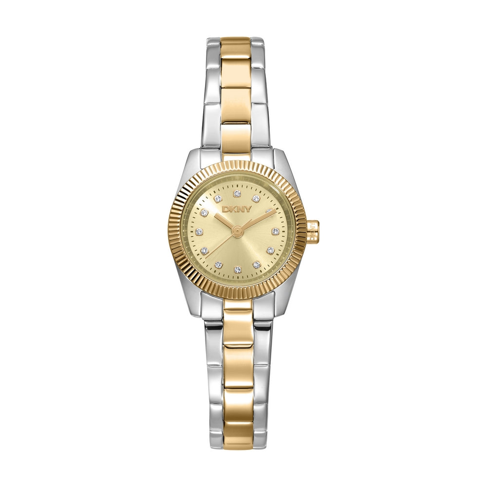 Montre DKNY Femme, boîtier bicolore argent et or, cadran couleur champagne, bracelet en métal bicolore argent et or, 3 aiguilles, 5 ATM