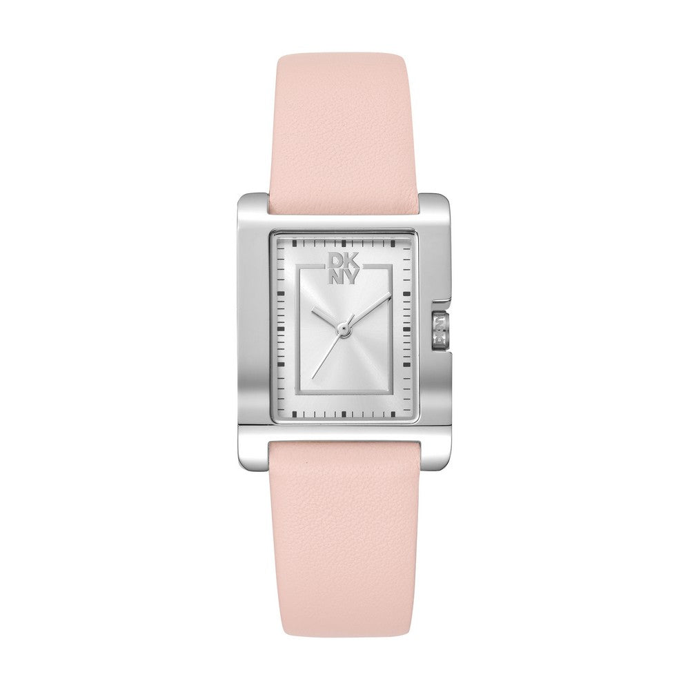 Montre femme DKNY, boîtier argenté, cadran argenté, bracelet en cuir rose, 3 aiguilles, 3 ATM