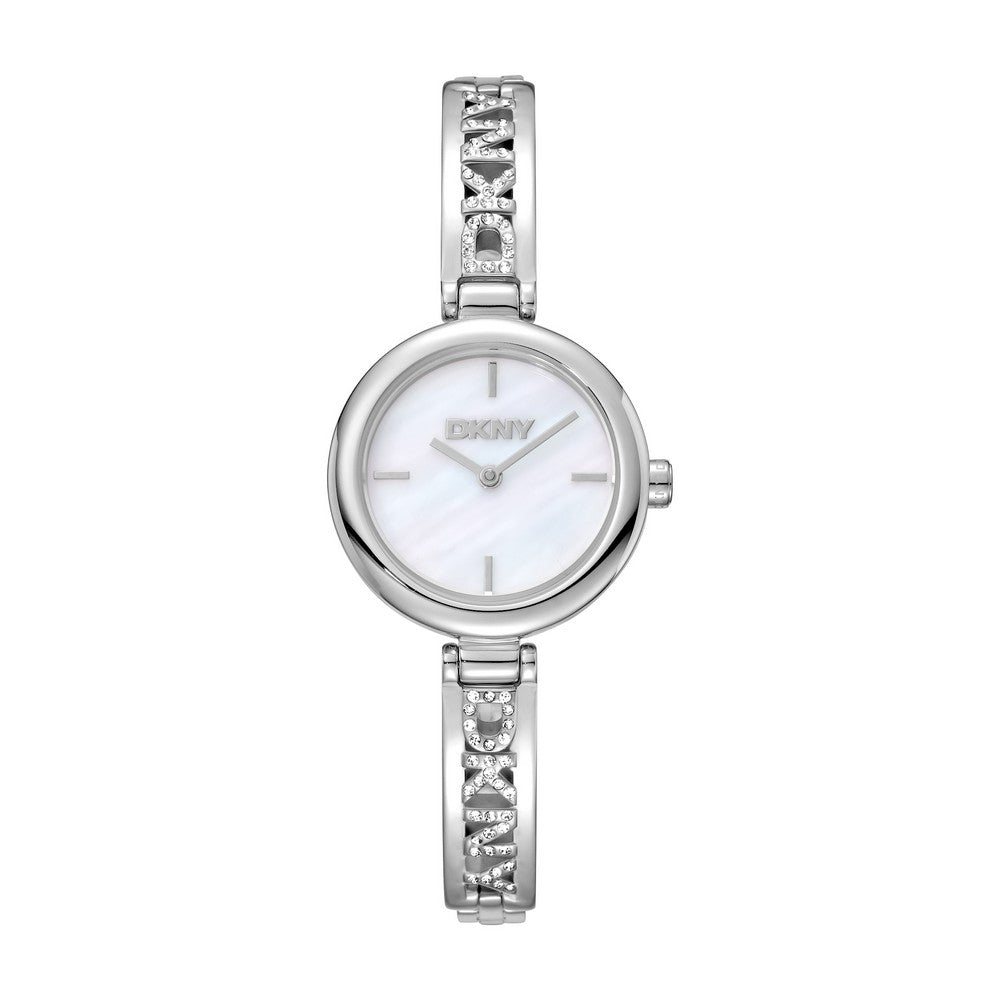 Montre femme DKNY, boîtier couleur argent, cadran en nacre blanche, bracelet en acier inoxydable, 2 aiguilles, 5 ATM
